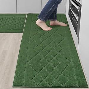 BEQHAUSE Kitchen Rugs Sets of 2 Washable Soft Kitchen Mats for Floor Non-Slip Kitchen Runner Rugs Absorbent Kitchen Floor Mats for Area Rugs, Sink, Hallway, Laundry 24”x35”+24”x60”, Green
