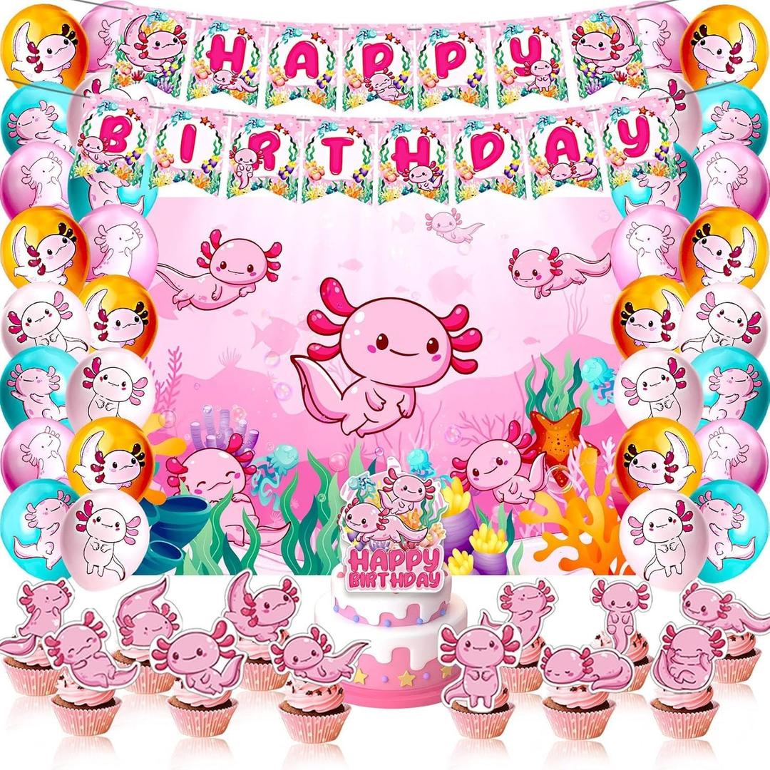 105 PCS Axolotl Birthday Decorations Party Supplies Axolotl Themed Party Decorations Includes Backdrop Banner Cake Topper and Cupcake Topper Stickers for Birthday Party