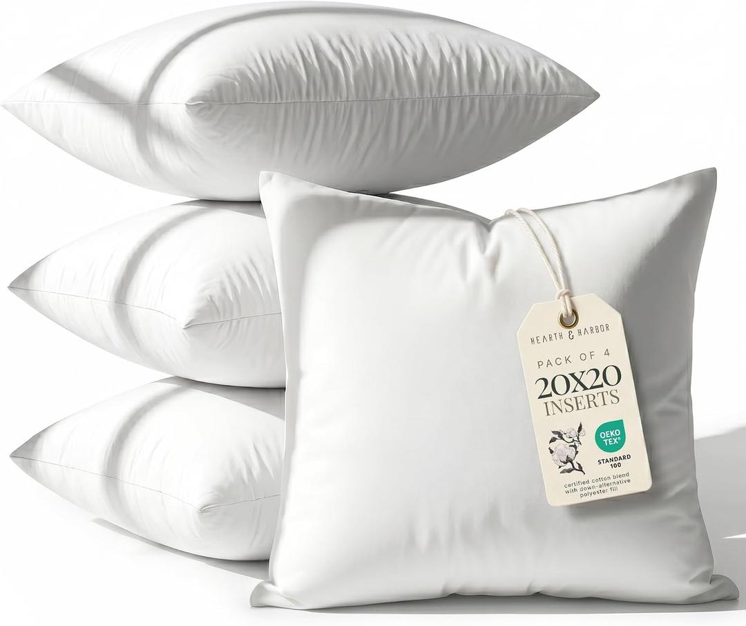 Hearth & Harbor 20x20 Inch Pillow Inserts – Set of 4 – White