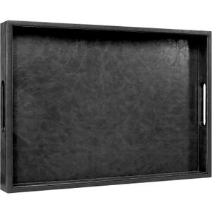 20 * 14 inches Leather Rectangle Serving Tray with Hole Handles,High-End Light Large Service Tray for Ottoman Tray, Tea, Food, Butler - Countertop, Kitchen,Family Dinner, Picnic (Black)