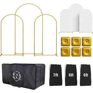 Metal Arch Backdrop Stand and Cover Set  3 Gold Frames (7.2ft, 6ft x2) with White Wrinkle-Free Spandex Covers, Water Weights, Bags & Case  Wedding, Birthday, Baby Shower, Party Decor