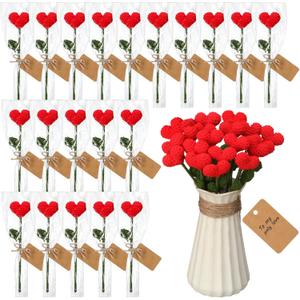 20 Pcs Valentine's Day Crochet Heart Flower Bouquet Handmade Knitted Flowers Bulk with Cards Red Valentine Crochet Flower for Arrangements Floral Bouquet Crafts Decorations Gift for Women Girlfriend
