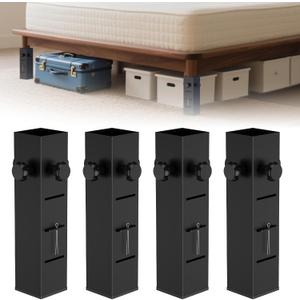 Heavy Duty Dorm Bed Risers Extenders, Increase Under-Bed Storage Space, Fits Bed Legs 1.5" to 2.2" Diameter, Thickened Steel for Extra Stability, 3-Level Adjustable Height, Black, 4-Piece.