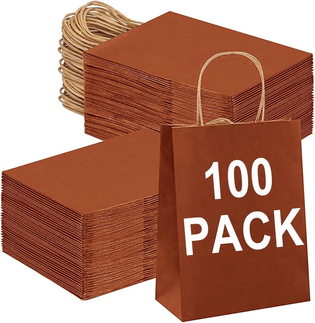 BAG BOX 100 Pack 8.25x4.3x10.6 Inch Orange Gift Bags with Handles,Bulk Kraft Paper Bags for Shopping, Retail, Merchandise, Wedding, Party Favors, Paper Grocery Sacks