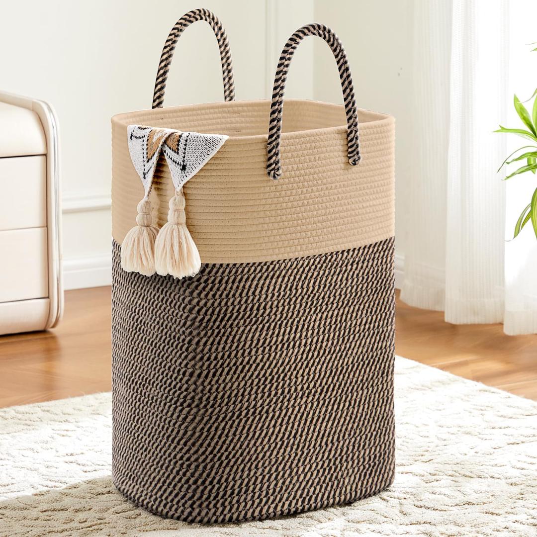 Laundry Basket,Woven Cotton Rope Laundry Hamper,Versatile Storage for Dirty Clothes,Baby Toys,and Blankets in Bathroom, Nursery,and Living Room (Jute, 60L)