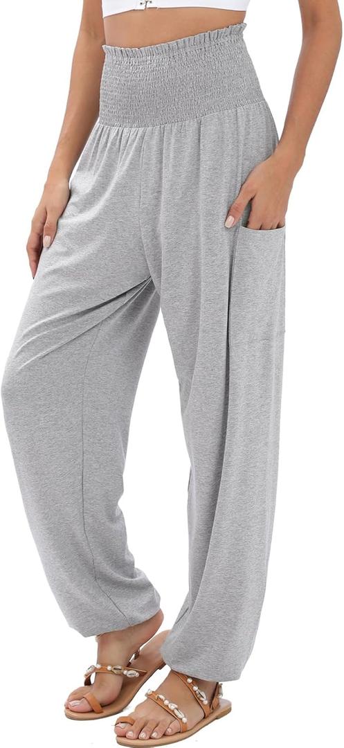 QIANXIZHAN Women's Harem Pants, High Waist Yoga Boho Trousers with Pockets (Large, Grey)