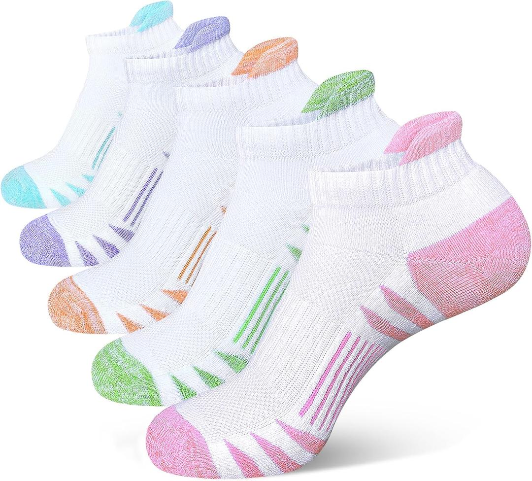 Heyoboy Womens Ankle Anti-blister Thick Cushioned Wicking Odor Resist Athletic Running Socks, Size 6-9, White 5 Pairs