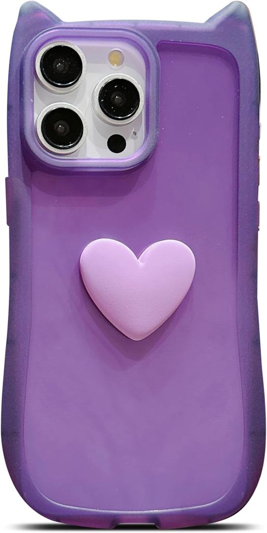 for iPhone 15 Pro Case 6.1" Cute 3D Love Heart Kawaii Cat Ear Clear Transparent Soft Silicone Shockproof Protective Arc Edge Bumper Phone Cover for Women (Purple)
