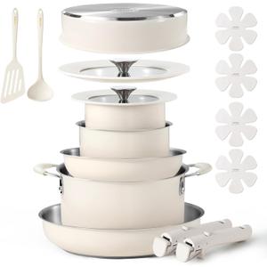 CAROTE 16Pcs Stainless Steel Cookware Set With Detachable/Removeble Handle Set, Space Saving Pots and Pans Set, RV Camping Set, Outer Ceramic Layer Nonstick, Dishwasher/Oven Safe, Kitchen Cooking Set