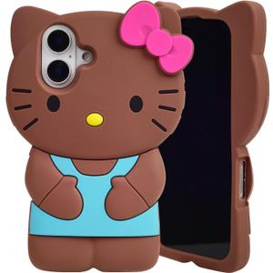 Cute 3D Kitty Kawaii Soft Silicone Case for iPhone 16 Plus 6.7", Fashion Cute 3D Kitty Kawaii Soft Silicone Animal tective Gel Shockof Gel Back Cover for Kids Women Girls Boys(Brown)