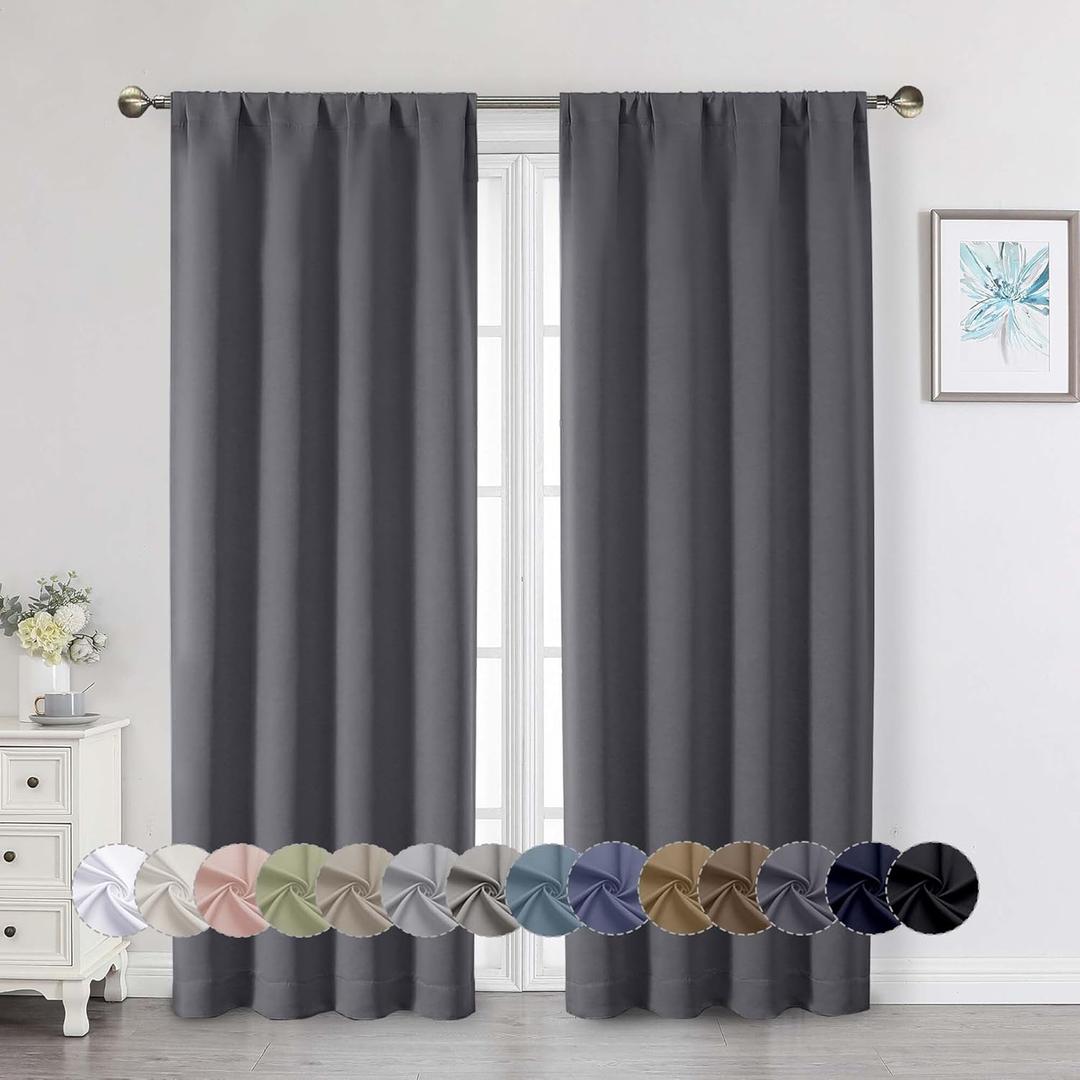 Grey Blackout Curtains for Bedroom Living Room 72 Inches Long 2 Panels Set, Soft Solid Thermal Room Darkening French Door Curtain, Modern Rod Pocket Design, Grey, 40" Wx72 L