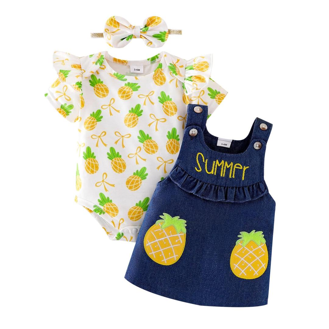 Aenbilo Baby Girl Clothes 0-3 Months Newborn Summer Outfits Cute Pineapples Ruffled Romper Short Sleeve Infant Suspender Skirt Headband Yellow Set (White)