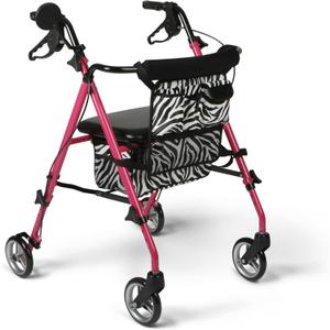Medline Posh Premium Lightweight Aluminum Rollator Walker, Pink & Zebra Print, 250 lb. Weight Capacity, 6 Wheels, Water Resistant, Foldable, Rolling Walker for Seniors
