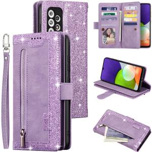 UEEBAI Wallet Case for Samsung Galaxy A52 4G/5G A52S, Retro 9 Card Holder Slots Zipper Pocket Handbag Case PU Leather Magnetic Closure Kickstand Wrist Strap Shockproof Flip Case - Glitter Purple