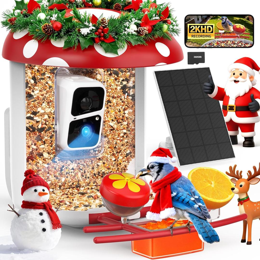 Smart Bird Feeder with Camera 2K Live Real-Time Alert AI Identify with 32G Card DIY Attachments Camera Bird Feeder Solar Powered Wireless Outdoor Birdwatching Gift for Birds Lover, Red