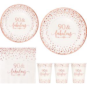 Crisky Rose Gold Foil 90 Fabulous Napkins Plates Cups Set for Women 90th Birthday Party Decorations Supplies, Disposable Tableware Set of 24 (9" Plates, 7" Plates, Luncheon Napkins, 9oz Cups) (Regular)