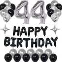 44th Black & Silver Birthday Party Decorations for 44, Happy Birthday Banner, Number Balloons