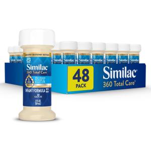 Similac 360 Total Care Infant Formula, Has 5 HMO Prebiotics, Our Closest Prebiotic Blend to Breast Milk, Non-GMO, Baby Formula, Ready to Feed, 2-fl-oz Bottle, Pack of 48 Best By 09/01/26