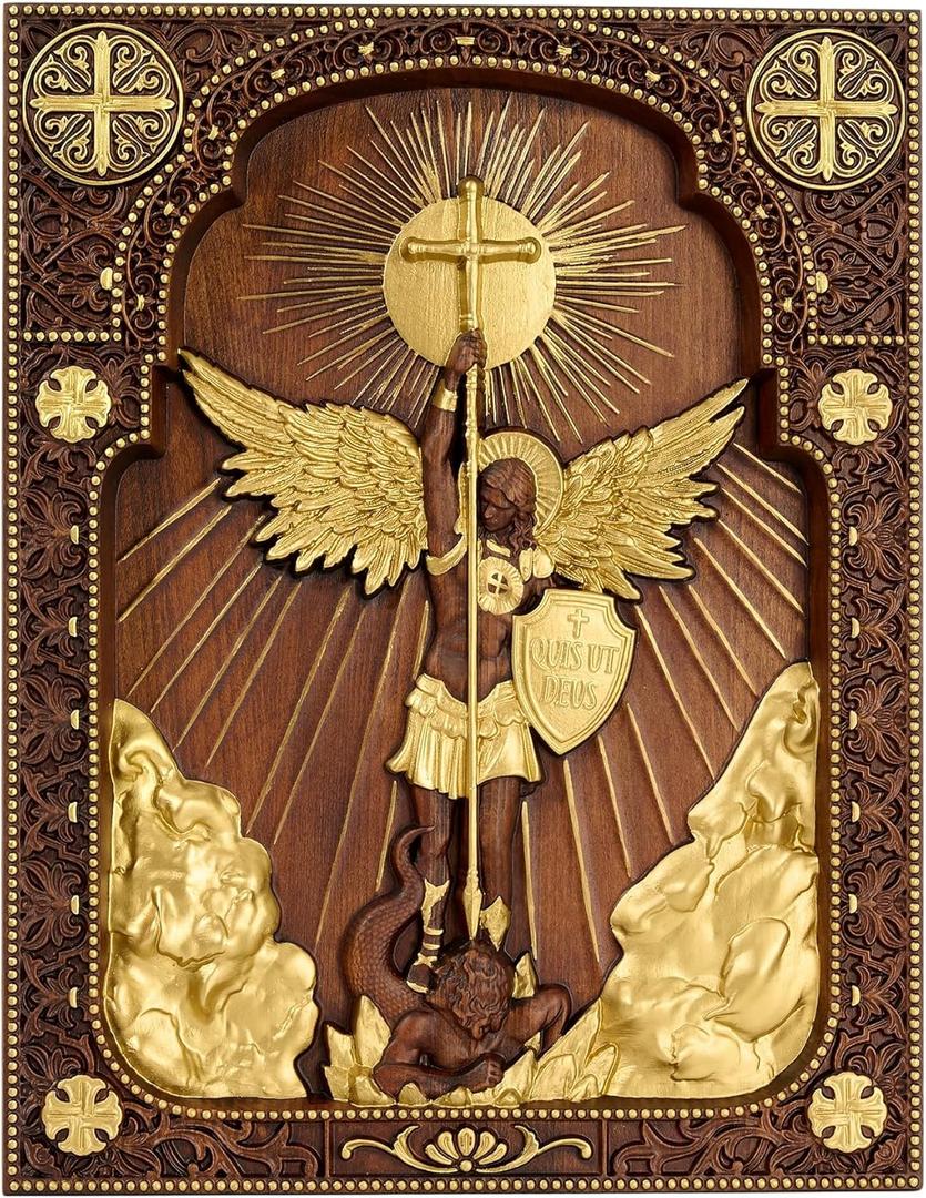 Archangel Michael Wall Decor Religious Handmade Wooden Wall Art Plaque 14 Inch