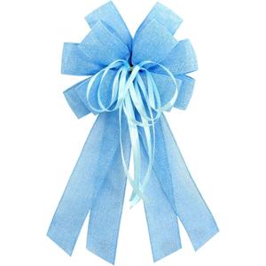 Large Blue Burlap Bow for Wreath, Easter Farmhouse Burlap Fabric Bow for Front Door Decor Spring Blue Tree Topper Ornament Decorative Bows with String for Wedding Holiday Party Decoration