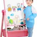 Art Easel for Kids, Double Sided Kids Easel Drawing Board, Whiteboard & Blackboard, 360Rotating Adjustable, Standing Erasable Easel Board, Easel for Classroom (Pink)