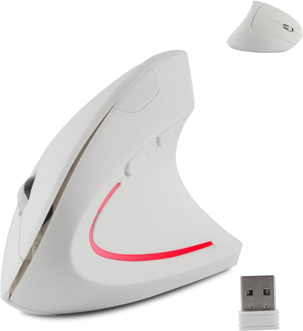 Wireless Mouse Ergonomic Vertical Ergo High Presion Optical Lightweight Cordless LED Light Cute Wireless Mice for Laptop Computer Mac Office Girl Boy Women Men Gift,800/1200/1600 DPI,6 Buttons (White)