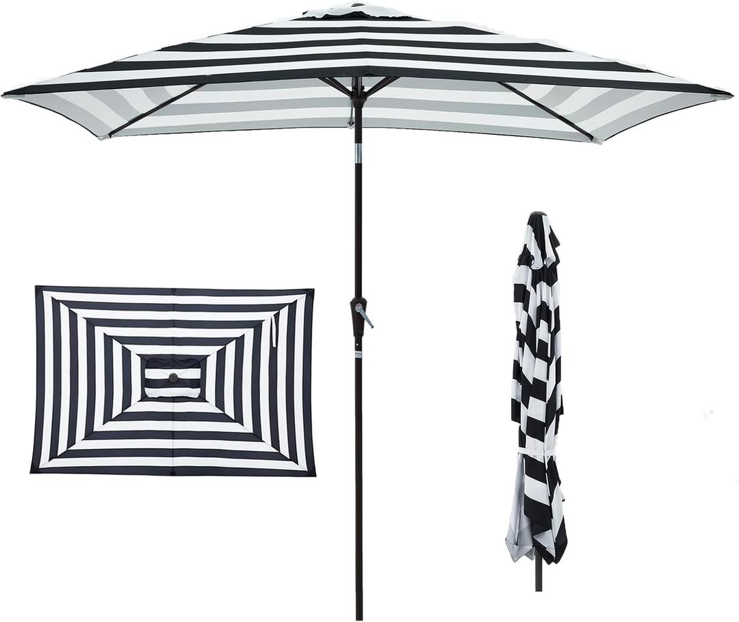 JEAREY 6.5x10 ft Rectangular Patio Umbrellas Rectangle Outdoor Umbrella with Push Button Tilt and Crank, Market Table Umbrella 6 Sturdy Ribs UV Protection for Poolside Garden Backyard Deck, Black-White Stripe