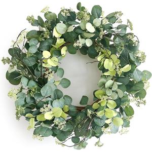 24 Inch Eucalyptus Summer Wreath for Front Door, Summer Spring Wreath for Grapevine Farmhouse with Silk Printing Dollar Leaves Wreaths for Festival Celebration Front Door Wall Window Home Dcor (Green)