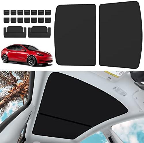 KUNIST Non-Sag Roof Sunshades for Tesla Model Y 2025, Upgraded Foldable Sunroof Shade Sunshade Roof Sun Shade for Tesla Model Y Accessories 2021-2025 (Ice Black) Pack Of 2