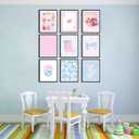 9Pcs Pink Bows Canvas Wall Art Trendy Coquette Bow Cute Cat Wall Decor Pictures Disco Ball Preppy Girly Boots Posters Prints for Bathroom Gallery Dorm Living Bedroom Decoration Unframed (Blue Bows, 8x10inx9pcs)