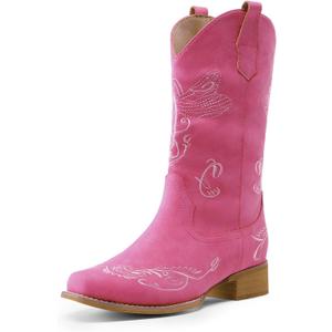 DREAM PAIRS Women's Square Toe Cowboy Cowgirl Boots Pull On Low Chunky Heel Mid Calf Western Boots with Embroidered Stitched for Theme Party Country Concert (7.5, Pink)