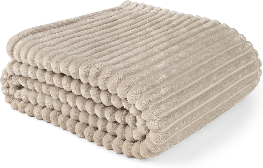 PAVILIA Super Soft Fleece Throw Blanket Twin Taupe Tan Camel, Fuzzy Plush Flannel Throw, Warm Cozy Ribbed Microfiber Blanket for Sofa Couch Bed, Lightweight Striped Blanket, Taupe, 60x80