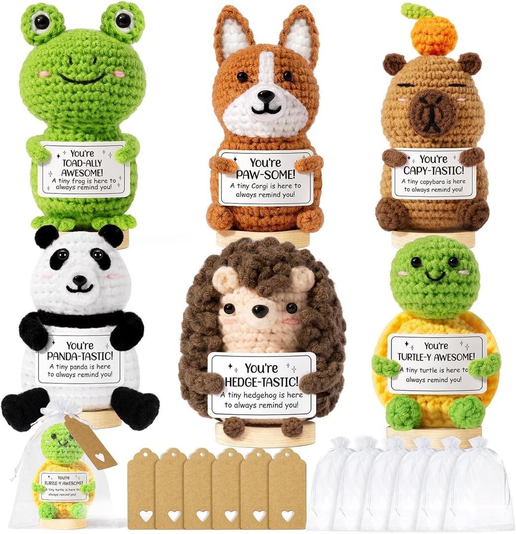 6PCS Emotional Support Positive Crochet Animals Inspirational Cheer Gifts for Women,Handmade Crochet Awesome Gift Thank You Birthday Mothers Day Teacher Appreciation Gift for Coworker Nurse Mom Friend