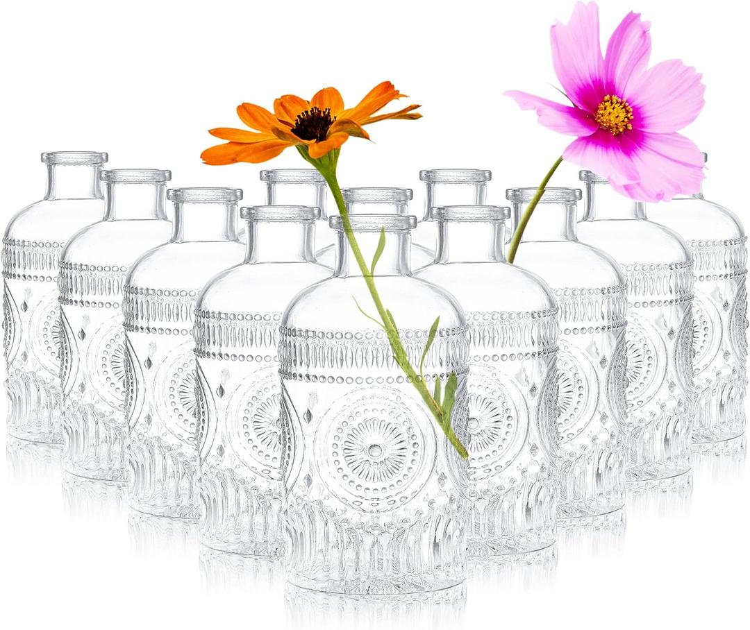 Kingrol 12 Pack Clear Glass Bud Vases, Small Vases for Flowers, Vintage Glass Bottles for Home Office Decor, Centerpieces for Wedding Table