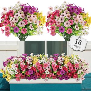 AGIRL 16 Bundles Artificial Flowers for Outdoor,No Fade Fake Plastic Flowers Faux Plants for Hanging Planters Decoration Indoor Outside Garden Porch Window Box Home Wedding