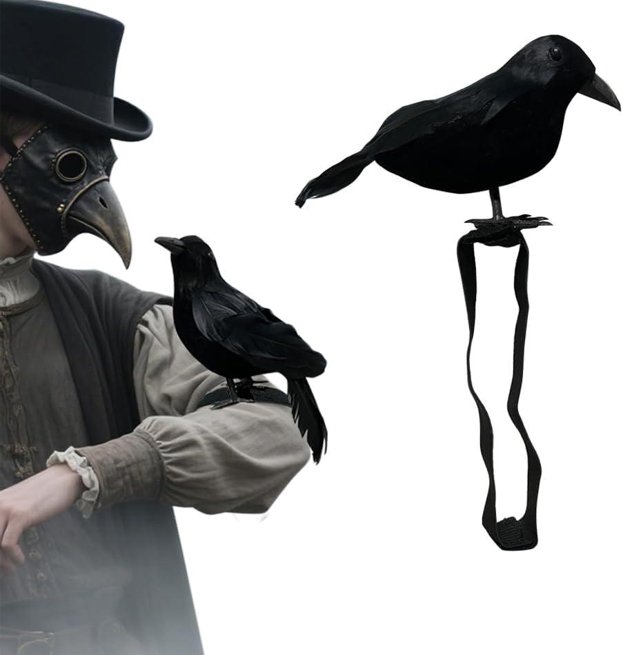 JLJIUBBKX Halloween Shoulder Strap Crow Realistic Black Feather Crow Statue, Halloween Party Decoration, Outdoor Bird Props for Holiday Attire, Shoulder Strap Style