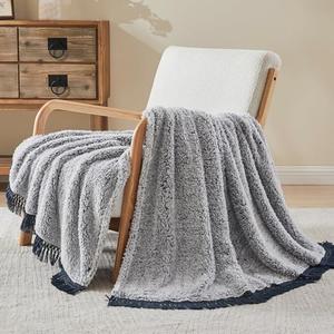 EMME Soft Sherpa Fleece Blanket with Tassel, Reversible Plush Fluffy Large Blanket, Light Weight Warm Decorative Boho Blanket Cover for Sofa, Couch, Bedroom,Travel(Tassel Navy,50"x60")