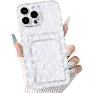 NITITOP Compatible with iPhone 14 Pro Max Case Clear with Card Holder Cute Floral Flower Leave Pattern for Women Girl Soft TPU Shock-Absorbing Wallet Case Protective Phone Cover - White2