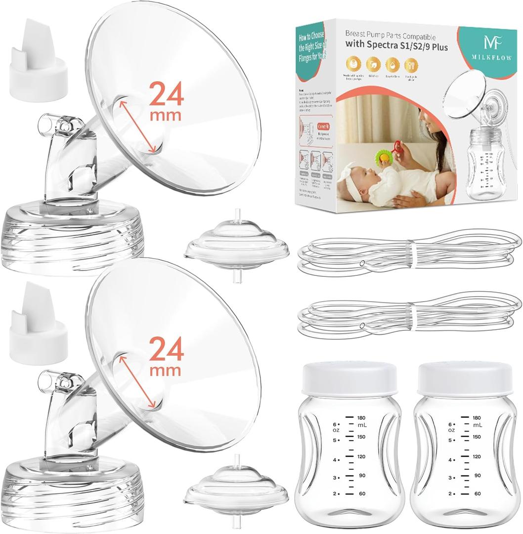 Breast Pump Parts Compatible with Spectra S1,S2,S9 Plus, Replacement Kit for Spectra Pump Parts 2PCS, Duckbill Valve, Tube,Bottle, Backflow Protector, Not Original Accessorie,24mm