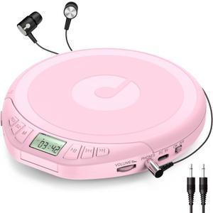 Gueray Portable CD Player with Earphones,CD Discman for Car Home with Anti-Skip Shockproof Protection,Personal CD Music Player with LCD Display Support PROG Memory Function (Pink)