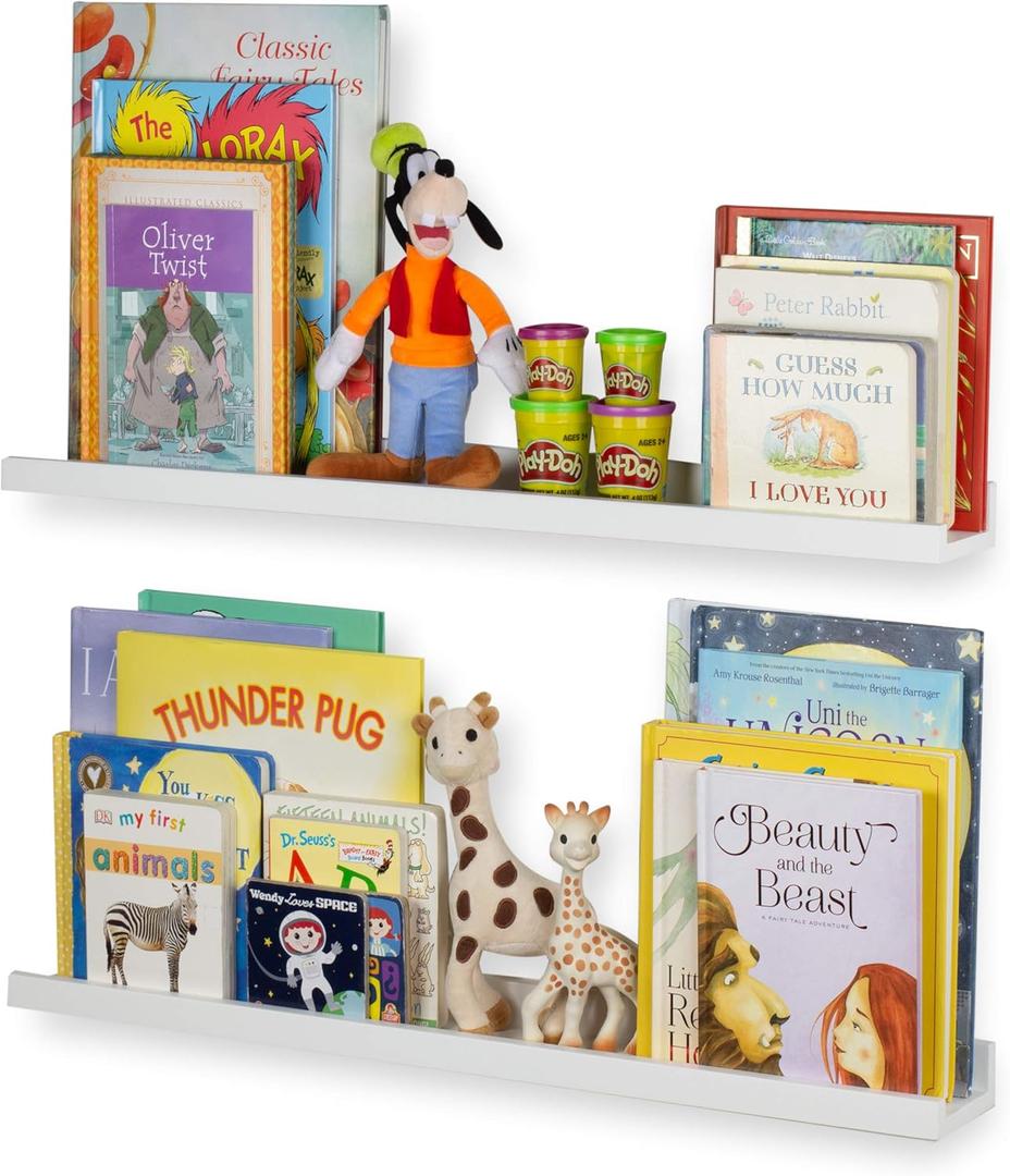 Wallniture Denver Floating Shelves for Kids Room Decor, 30" White Kids Bookshelf Picture Frames Ledge Shelves, Toddler Toys Storage, Set of 2