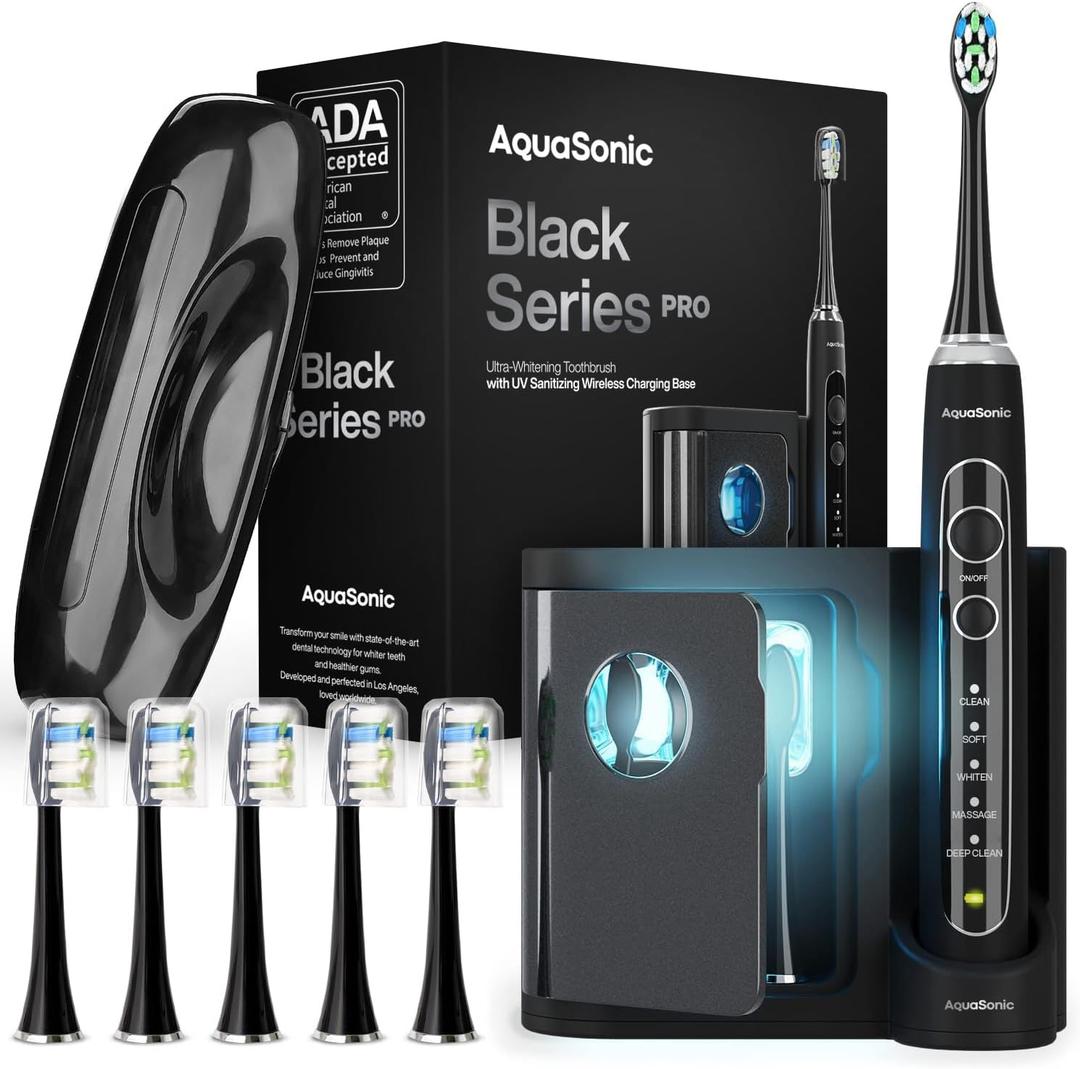 Aquasonic Black Series PRO UV  Ultra-Whitening Electric Toothbrush  5 Modes & Smart Timers  UV Sanitizing Base, Premium Travel Case & 6 Proflex Brush Heads  ADA Accepted (9 Piece Set)