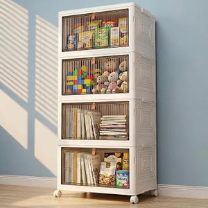 LDQ 136Qt Large Storage Bins with Lids, 4 Tier Stackable Storage Cabinet with Wheels & Clear Doors, Foldable Plastic Closet Organizer for Bedroom, Bathroom & Kitchen