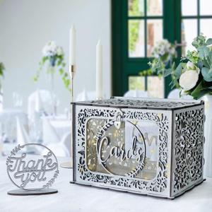 OurWarm Silver Wedding Card Box with Lock, Wooden Gift Card Box for Wedding Reception with Clear Window and Light, Wedding Envelope Money Card Box for Party Graduation Birthday Baby Shower Decorations