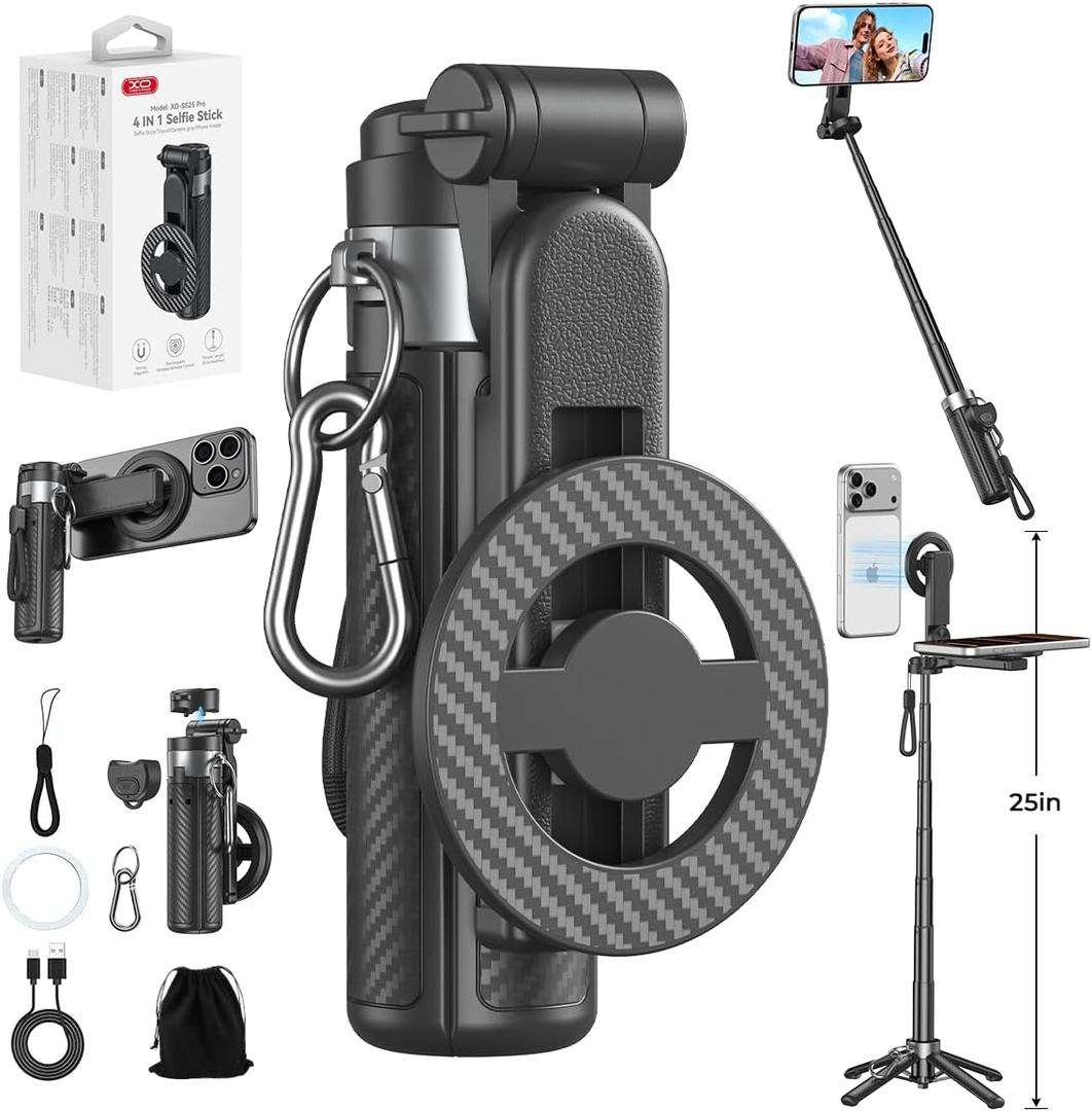 Upgrated 5-in-1 Magnetic Selfie Stick with Remote for Cell Phone 360° Rotation.Can Transforms into Mini Tripod/Camera Grip/Handheld Stabilizer/Phone Stand.Extend to 25 inches