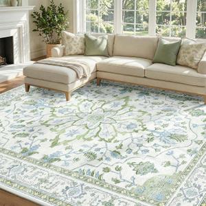 RELEANY Area Rugs 8'x10' Washable Non-Slip, Floral Vintage Distress Print Pattern Medallion Carpet for Living Room Bedroom Dining Room, Green White Blue