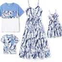 PATPAT Family Matching Outfits Mommy and Me Dresses Spaghetti Sleeveless Summer Vacation Hawaiian Dress and T-Shirts Sets (S)
