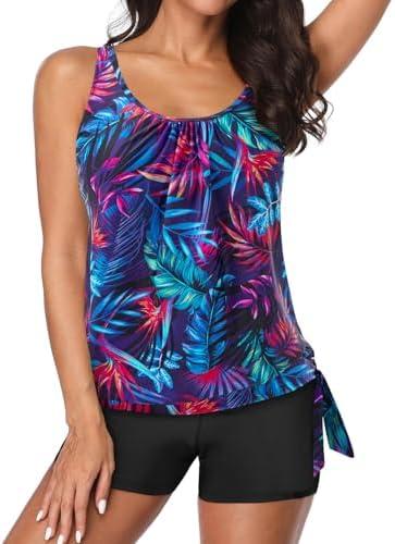 Yonique 1 Piece Swimsuit for Women Blouson Tankini Top with Shorts Tummy Control Bathing Suit, Blue Purple Leaf, M