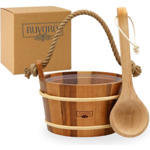 Sauna Bucket and Ladle Set Handcrafted from Canadian Red Cedar Wood 1 Gallon (4Liters) Water Capacity Leakproof Liner Natural Rope Handle - Luxury Sauna Accessories Set