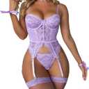 WDIRARA Women's Sexy Lingerie Set Floral Lace Garter Bustier Lingerie Set with 1Pair Fishnet Stocking (Medium)